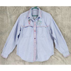 Womens Shirt Large Blue Hand Embroidered Western Ranch Cowgirl Vintage Button Up